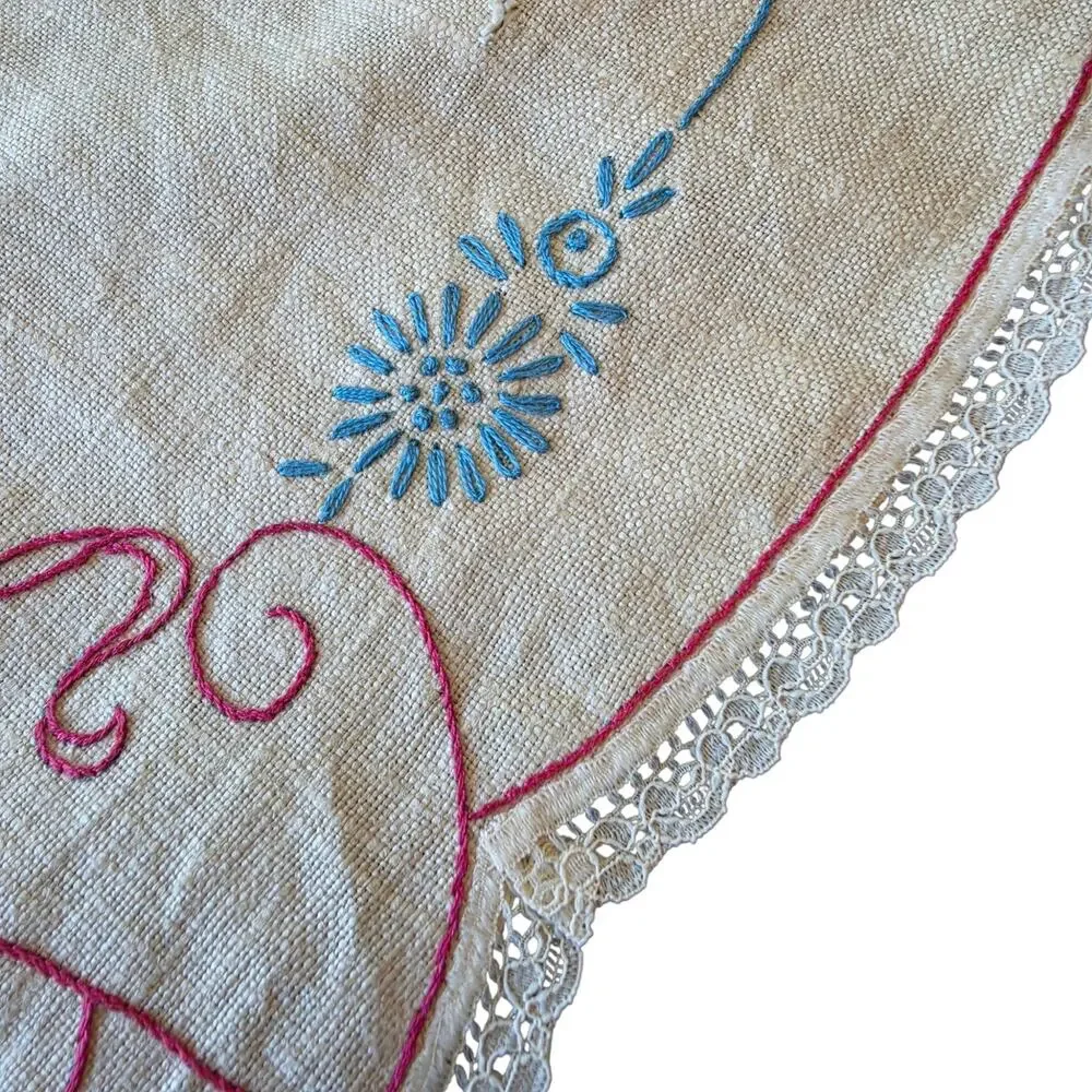 Vintage Crinoline Lady Embroidered Dresser Scarf & Crochet Doily Set Centerpiece